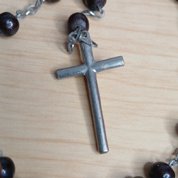 Vintage Silver and Brown Beaded Rosary Necklace - Picture 2 of 6